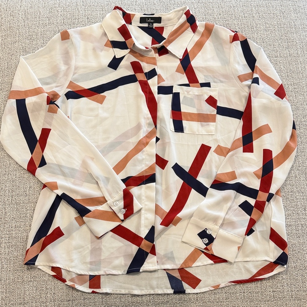 Lulu's White Button-Down Shirt with Geometric Stripes
